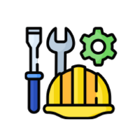 cône représentant un casque de sécurité jaune, un tournevis, une clé et un engrenage vert, symbolisant la construction.